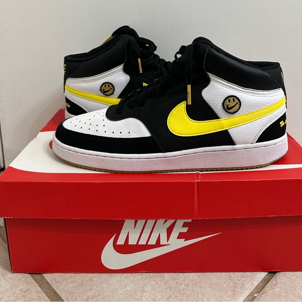 Nike Court Vision Mid - black/ yellow strike white smile face size 10 men’s